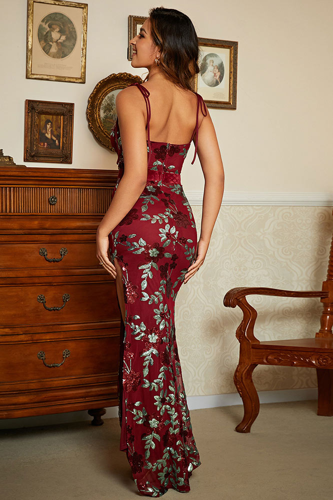 Sexy Burgundy Print Side Slit Prom Evening Dress - Fashionpara