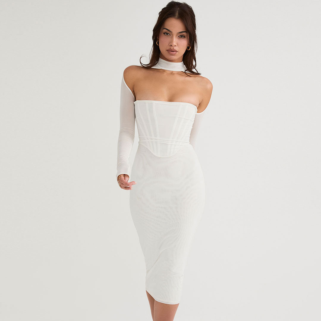 Mesh Choker Neck Long Sleeve Cut Out Bodycon Midi Dress 2