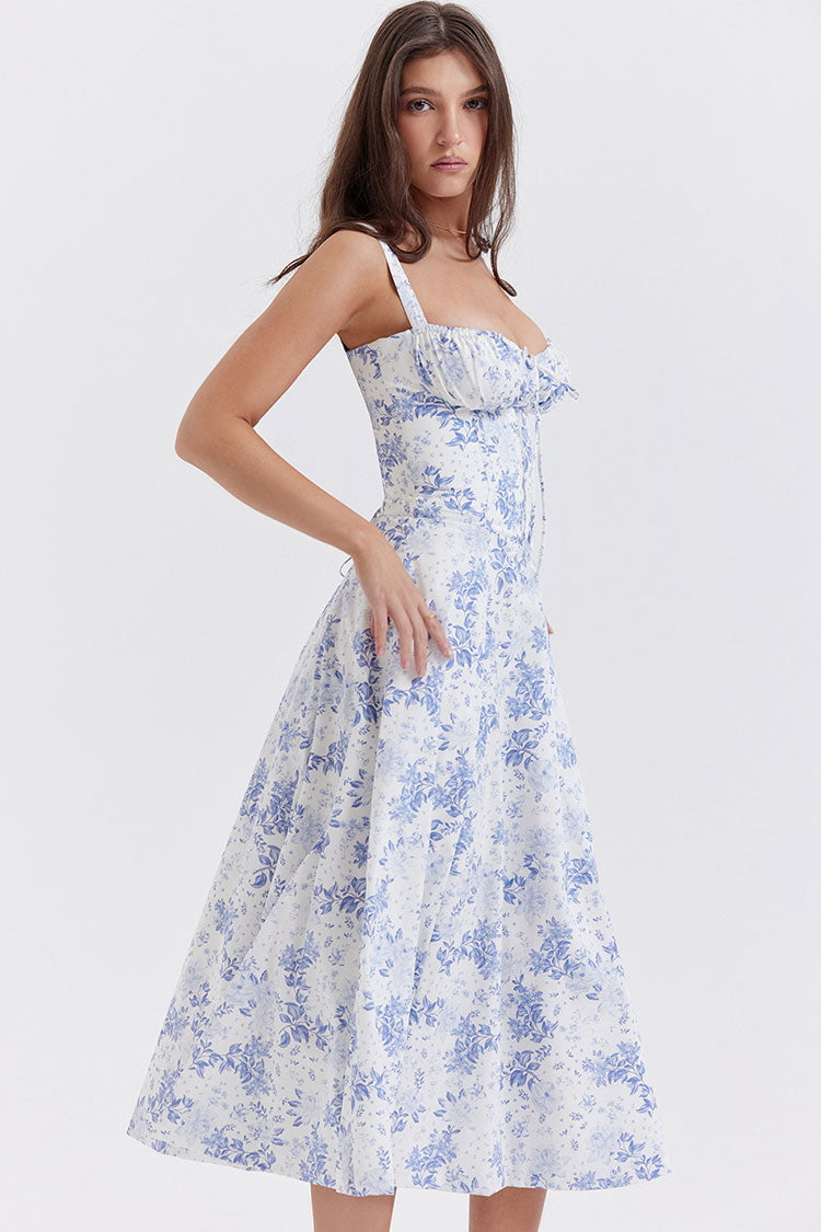 Sexy Floral Tie Front Lace Up Back Fit & Flare Split Midi Sundress - Blue  Fashionpara