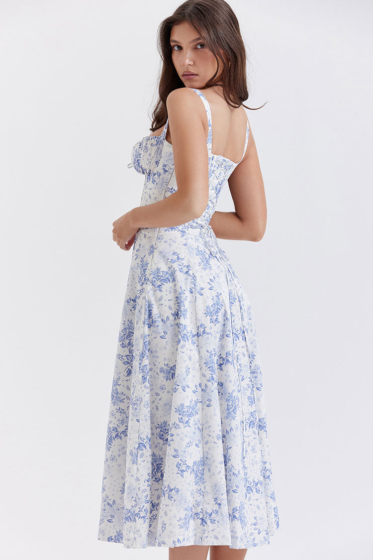 Sexy Floral Tie Front Lace Up Back Fit & Flare Split Midi Sundress - Blue  Fashionpara