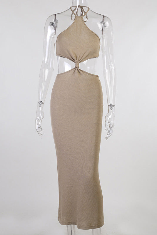 Knit Halter Neck Waist Cut-Out Bodycon Maxi Dress