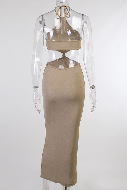 Knit Halter Neck Waist Cut-Out Bodycon Maxi Dress