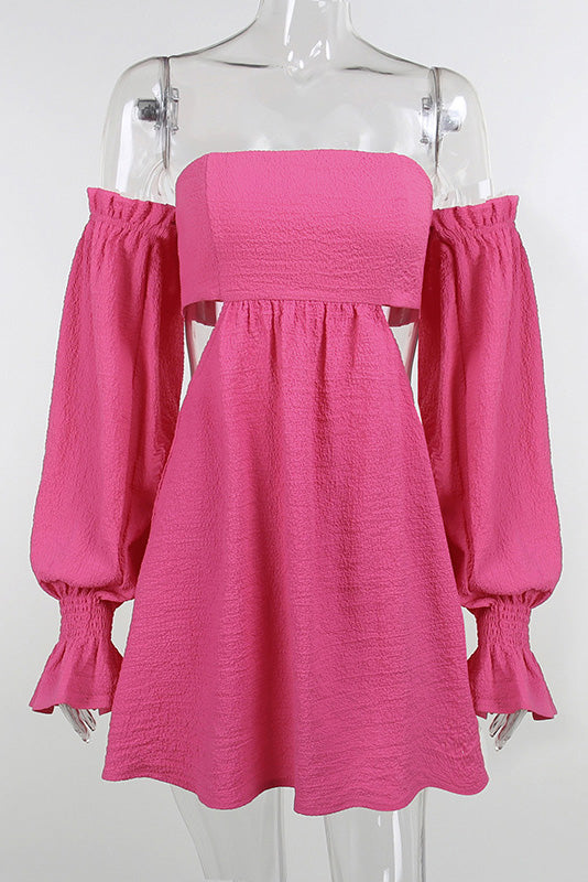 Sexy Hot Pink Off-the-Shoulder Long Sleeve Mini Dress