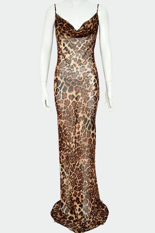Sexy Leopard Print Backless Evening Dress