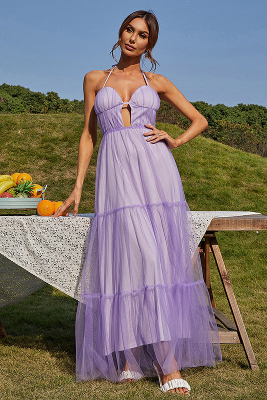 Tulle Sweetheart Halter Keyhole Tiered Maxi Dress