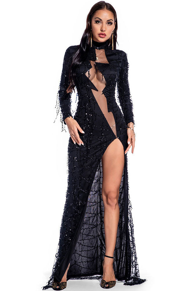 Sexy Long Sleeve High Split Champagne Evening Dresses