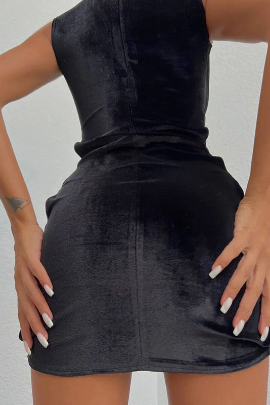 Velvet High Neck Lace-Up Cutout Bodycon Mini Dress