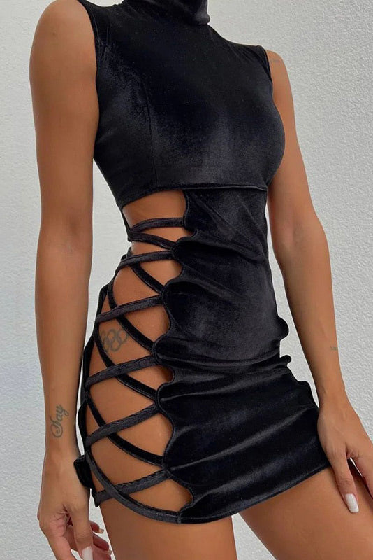 Velvet High Neck Lace-Up Cutout Bodycon Mini Dress