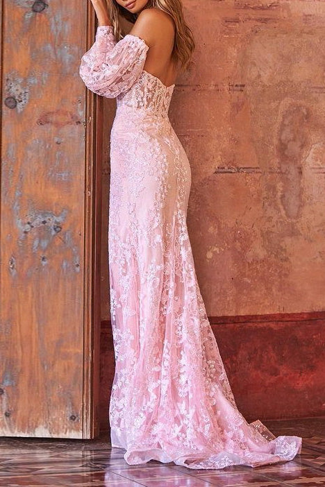Sexy Pink Lace High Split Evening Prom Dresses Fashionpara