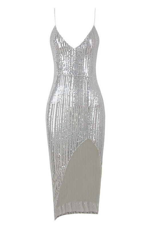 Sequin V-Neck Spaghetti Strap Slit Bodycon Midi Dress