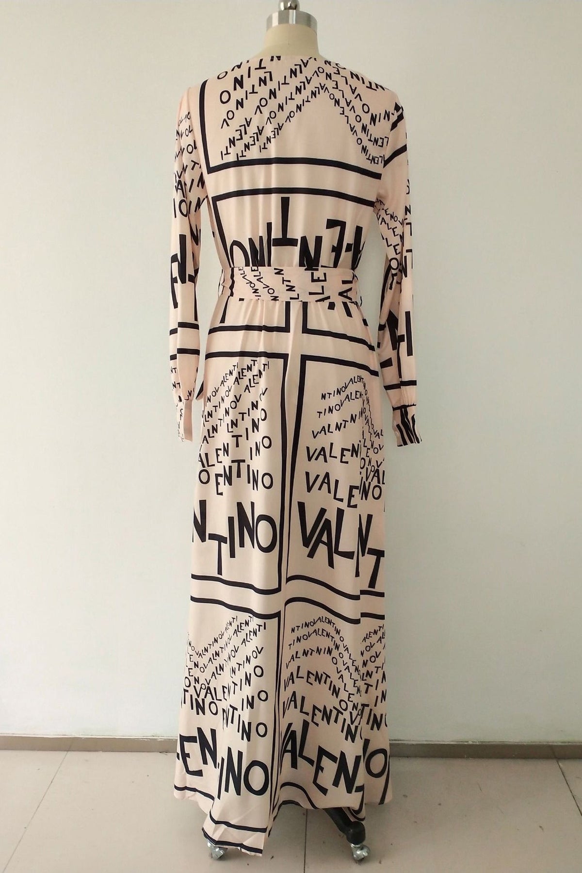 Letter Print V-Neck Puff Sleeve Wrap Maxi Dress