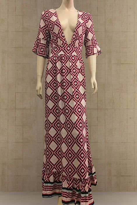 Geometric Print V-Neck Flutter Sleeve Ruffle Hem Maxi Dress