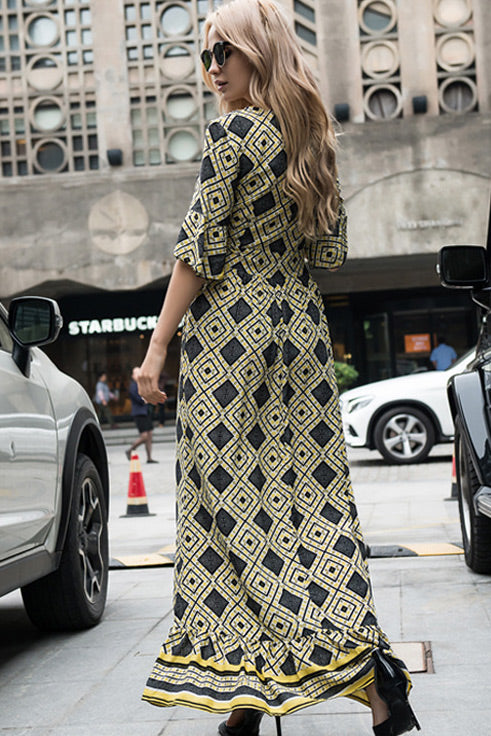 Geometric Print V-Neck Flutter Sleeve Ruffle Hem Maxi Dress