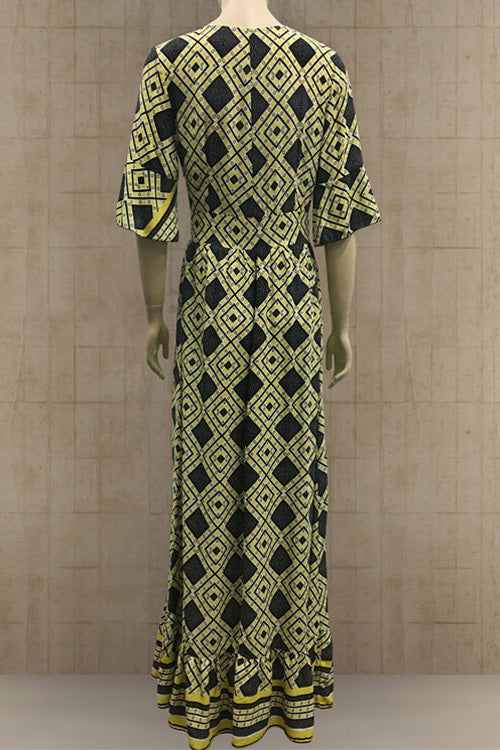 Geometric Print V-Neck Flutter Sleeve Ruffle Hem Maxi Dress