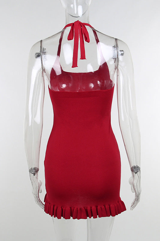 Ribbed Knit Halter Neck Ruffle Hem Bodycon Mini Dress 4