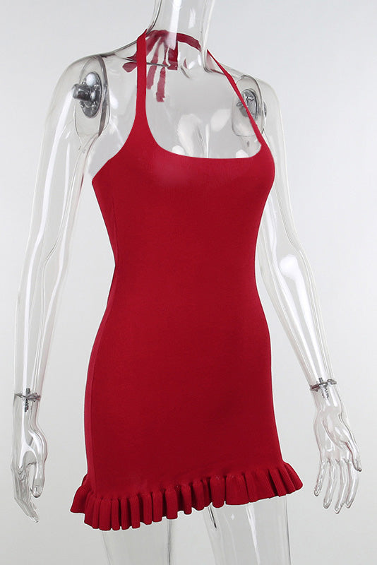 Ribbed Knit Halter Neck Ruffle Hem Bodycon Mini Dress 5