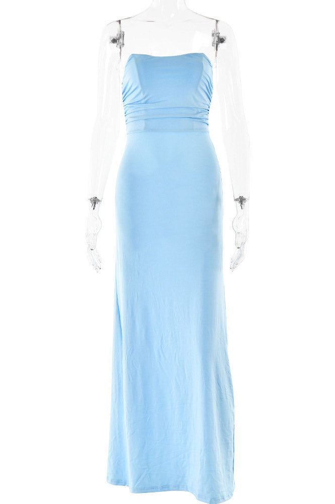 Strapless Lace-Up Back Ruched Jersey Mermaid Gown