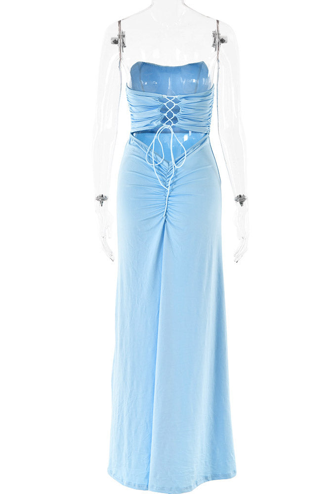 Strapless Lace-Up Back Ruched Jersey Mermaid Gown