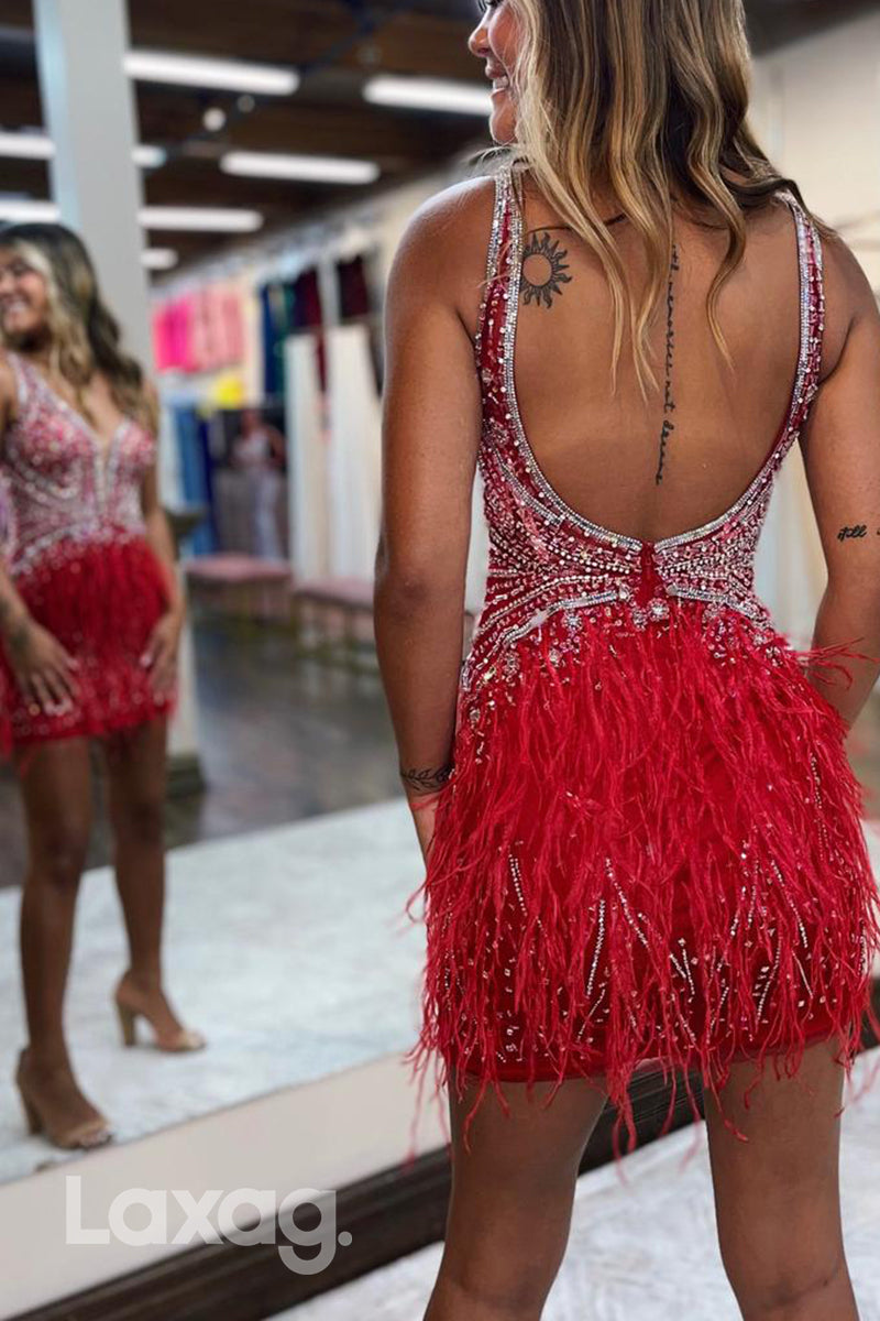 22633 - Sexy Spaghetti Straps Backless Beaded Feather Fitted Party Homecoming Dress - Fashionpara
