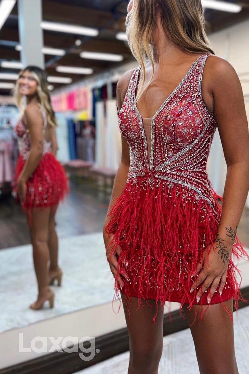 22633 - Sexy Spaghetti Straps Backless Beaded Feather Fitted Party Homecoming Dress - Fashionpara