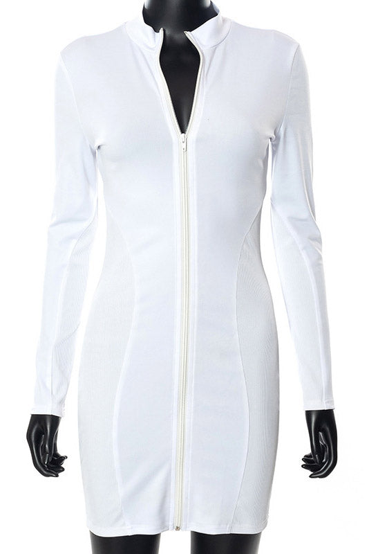Ribbed Zip-Front Stand Collar Long Sleeve Bodycon Mini Dress 3