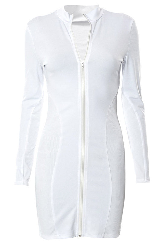 Ribbed Zip-Front Stand Collar Long Sleeve Bodycon Mini Dress 5