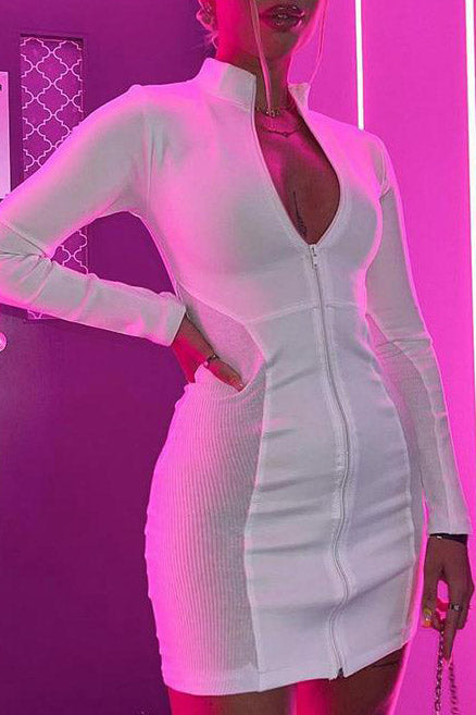 Ribbed Zip-Front Stand Collar Long Sleeve Bodycon Mini Dress 2