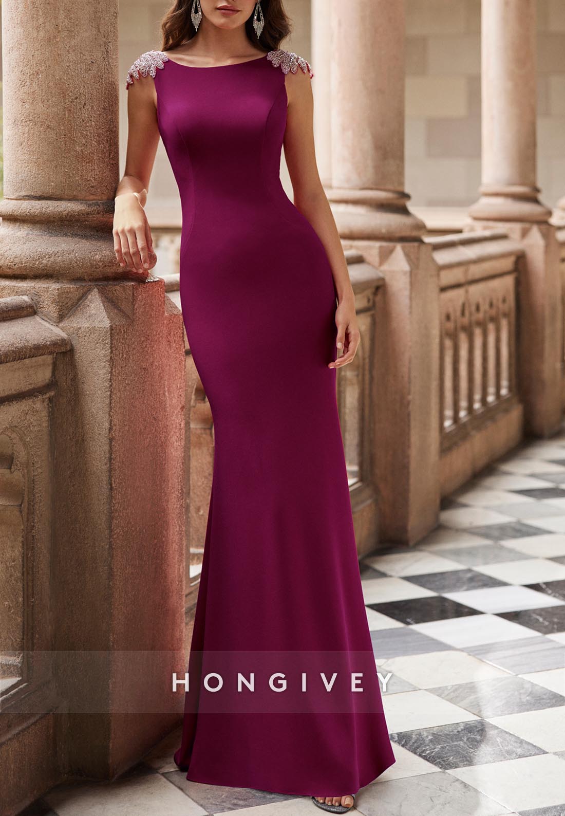 Trumpet Evening Gown Floor-Length Satin Mother of Bride Cap Straps Jewel Back Bateau Neckline