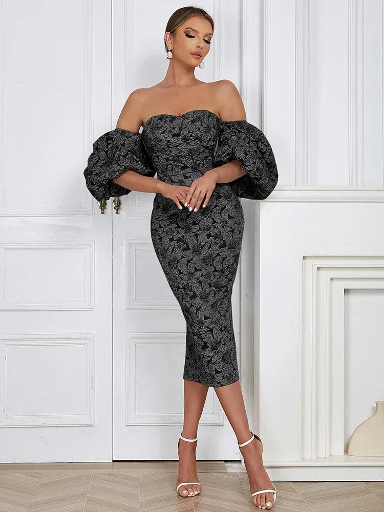 Floral Off Shoulder Puff Sleeve Bodycon Midi Dress - View 6