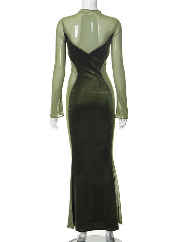 Velvet High Neck Long Sleeve Mesh Panel Mermaid Gown