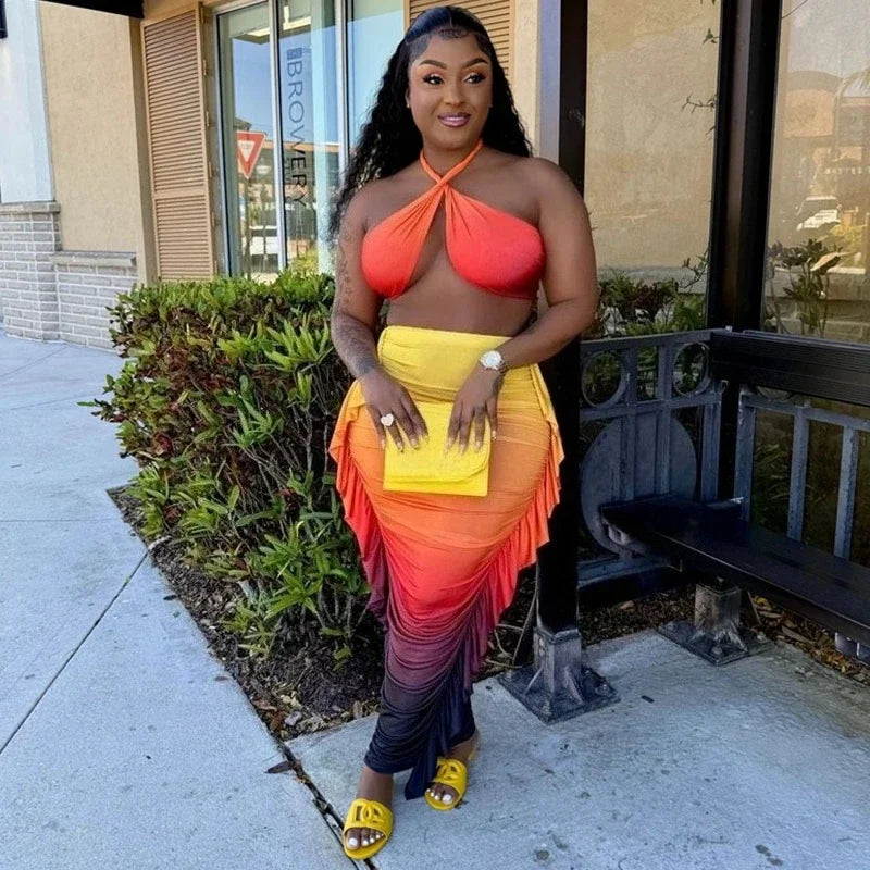 Gradient Halter Crop Top Ruffles Three Piece Swim Sets - Fashionpara