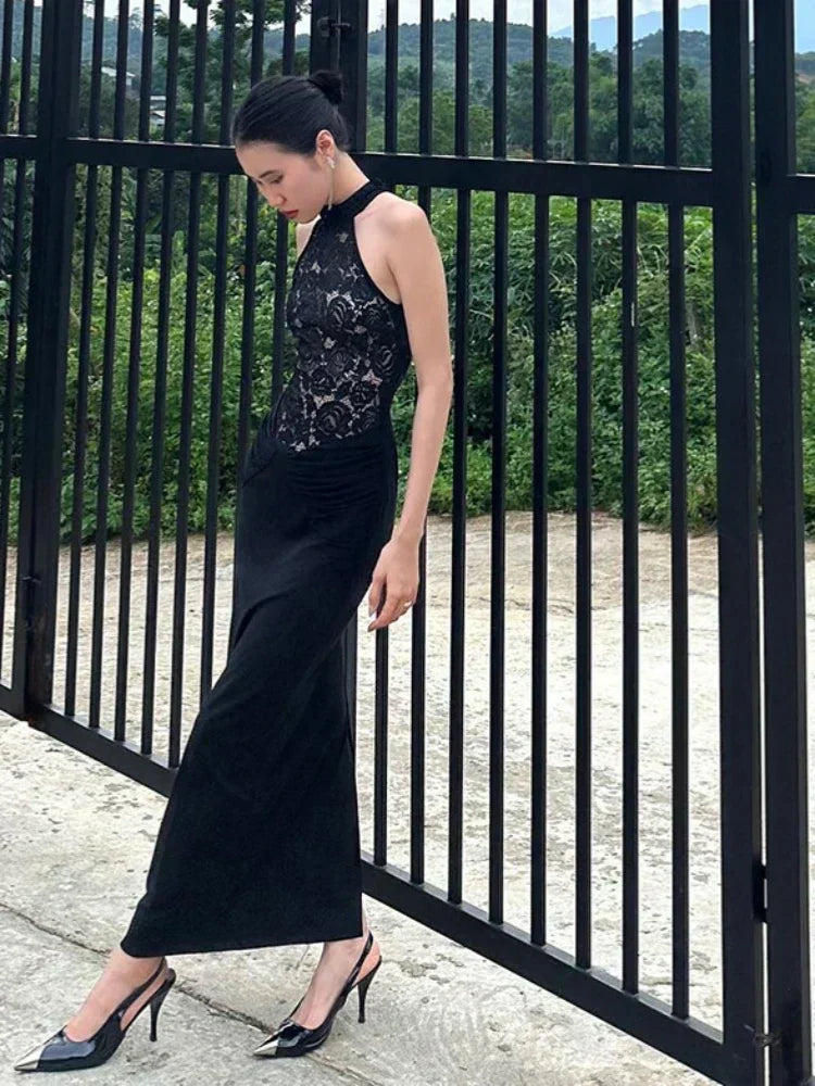 Halter Neck Lace Patchwork Black Maxi Dress - View 3