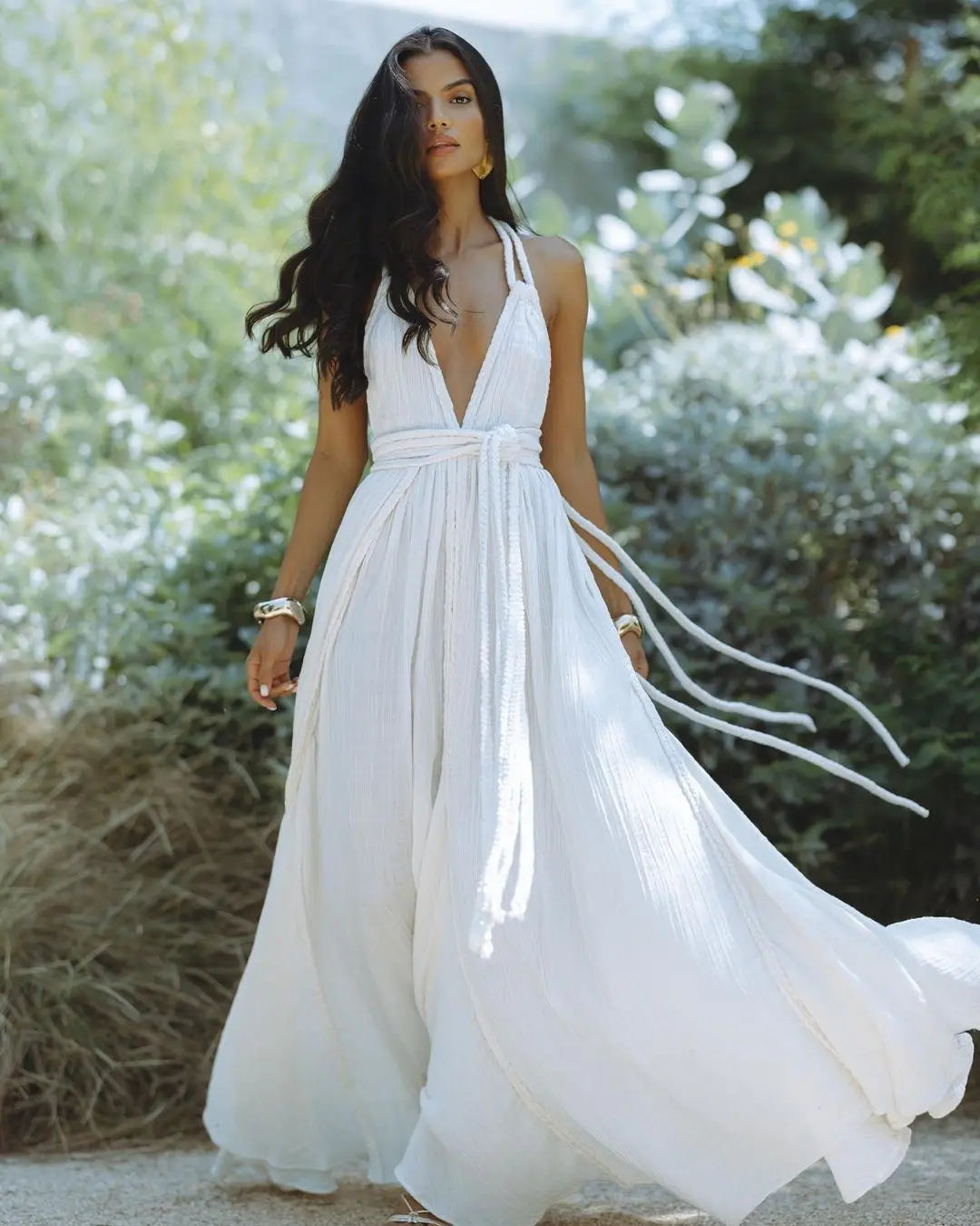 Braided Rope Trim One Shoulder Belted High Split Maxi Dress - View 17
