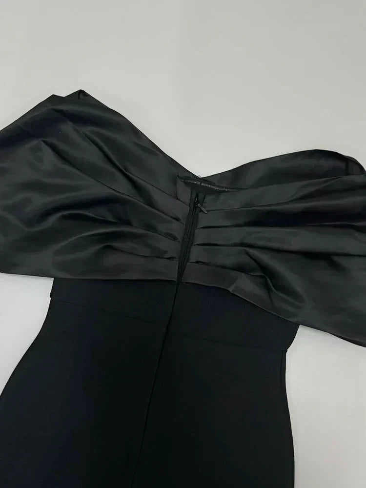 Off Shoulder Satin Bow Rhinestone Embellished Bodycon Midi Dress - View 6