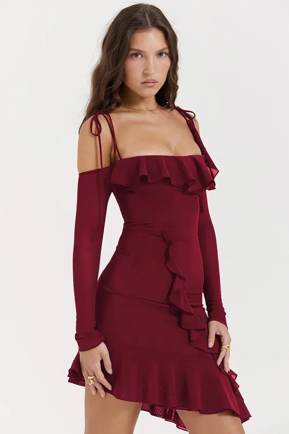 Off Shoulder Ruffle Long Sleeve Bodycon Mini Dress 22