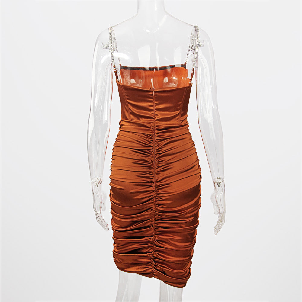 Satin Rhinestone Strap Corset Ruched Bodycon Dress 5