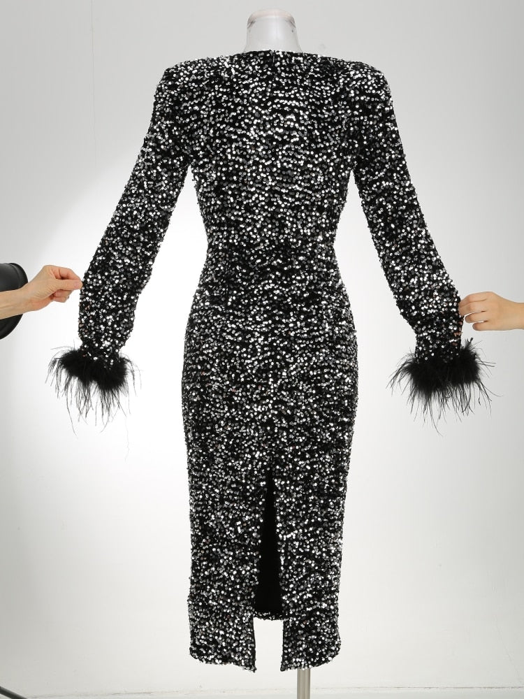 Sequin Round Neck Long Sleeve Feather-Cuff Bodycon Dress 23