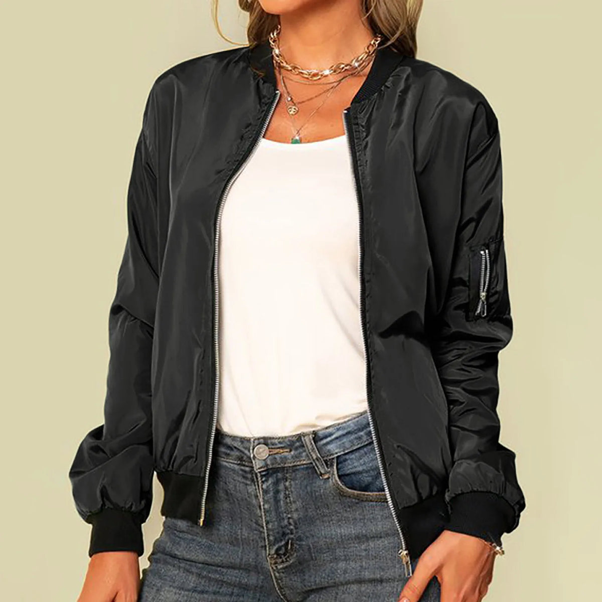 Solid Zipper Stand Collar Spring Coat