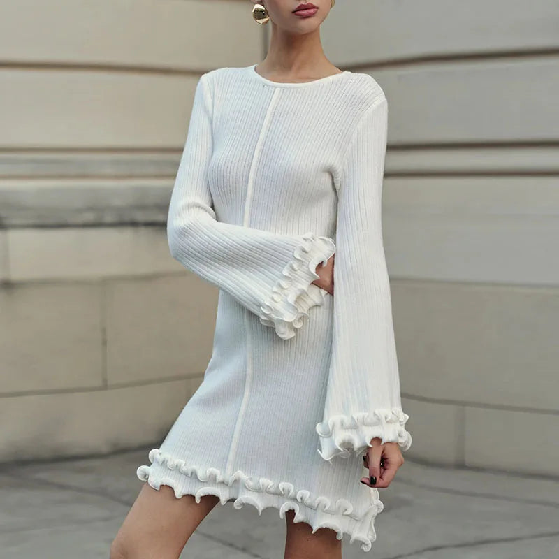 Elegant Ribbed Midi Dress with Flared Sleeves for Women
