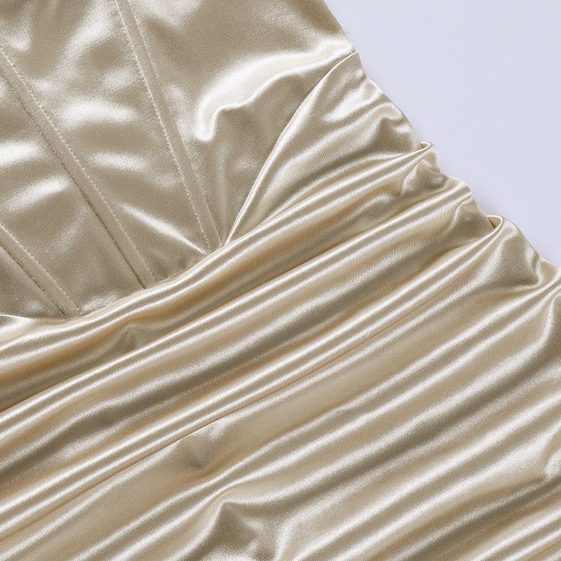 Satin Rhinestone Strap Corset Ruched Bodycon Dress 10