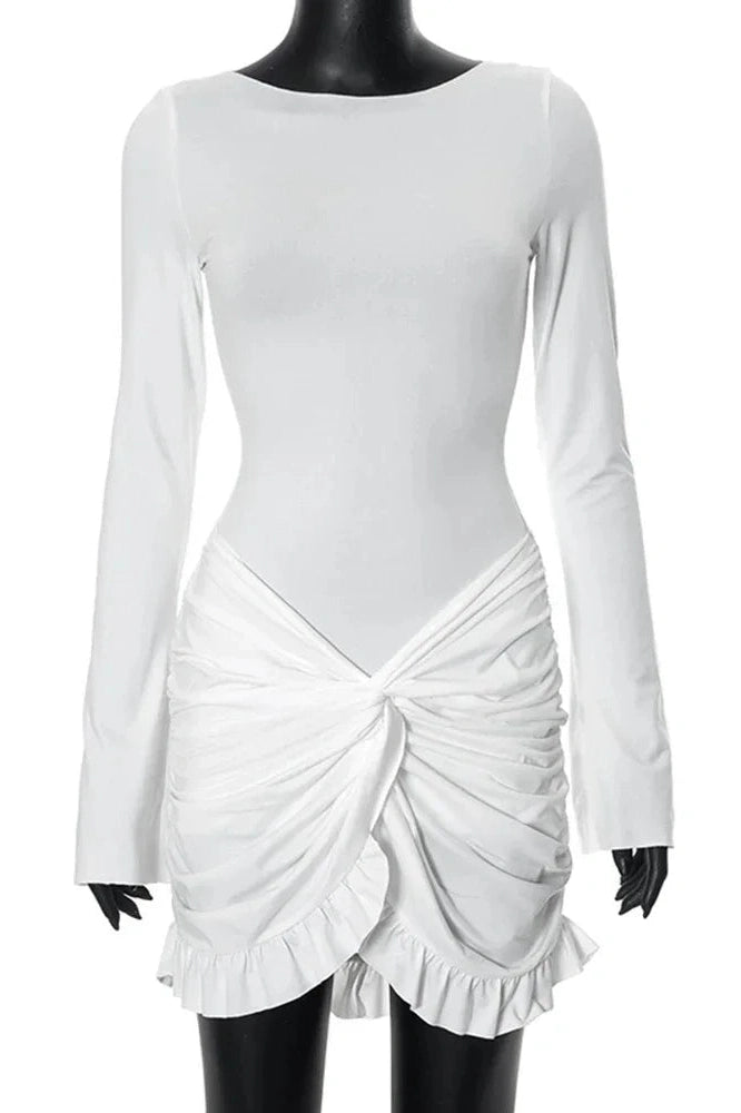 Boat Neck Long Sleeve Ruched Ruffle Hem Mini Dress 4