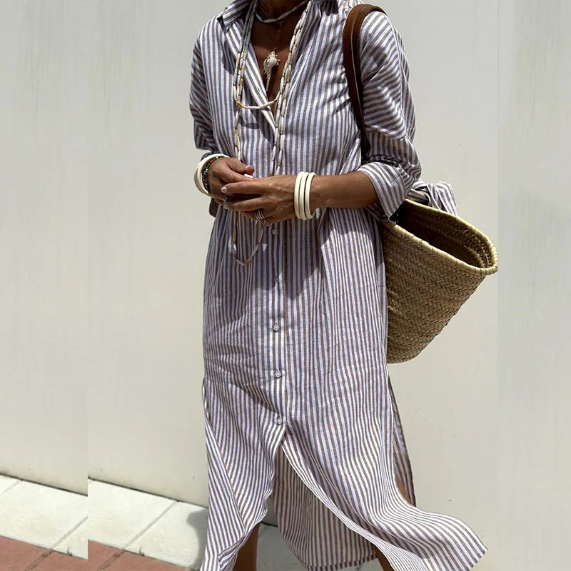 Collared Button Front Long Sleeve Striped Shirt Dress 5
