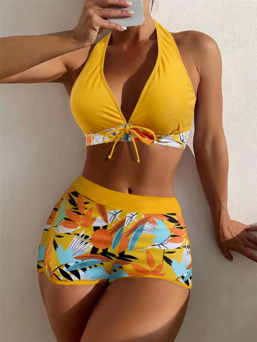 Leaf Print Knot Front Halter Two Piece Set
