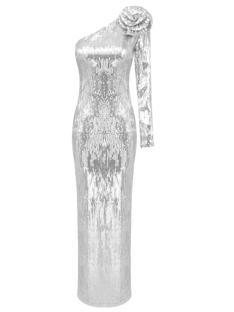 Sequin One Shoulder Long Sleeve Rosette Bodycon Maxi Dress - View 12