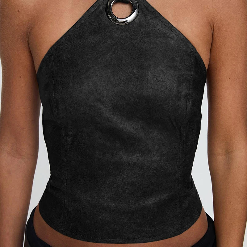 Vintage Halter Bandage Leather Backless Cami Top