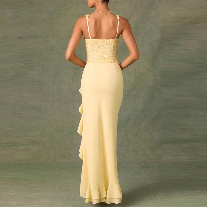 Fashionpara Elegant Backless Sequin Ruffle Party Dress