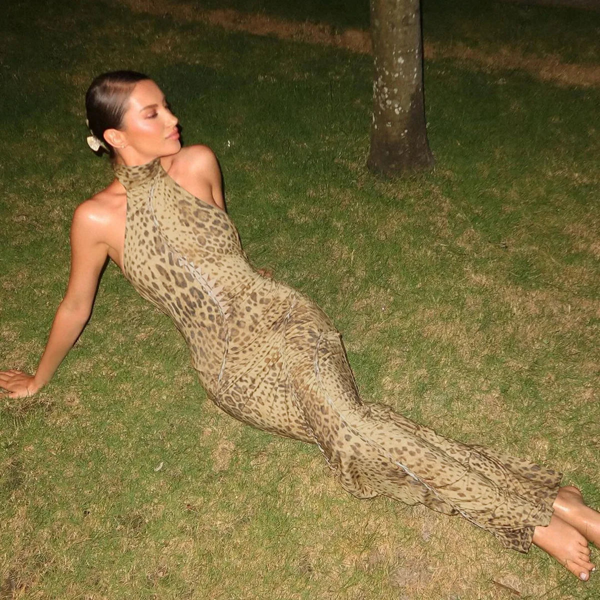 Leopard Print Halter Neck Lace Up Cut Out Ruched Bodycon Midi Dress - View 5