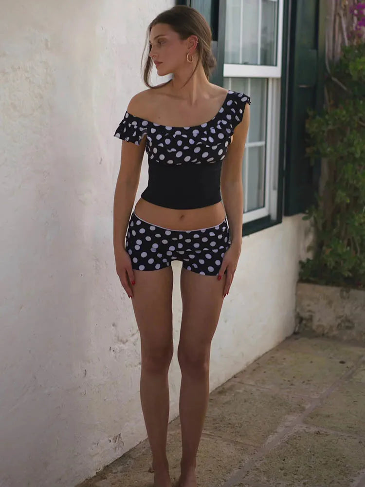 Polka Dot Patchwork Sleeveless Tank Top Two Piece Shorts Set - Fashionpara