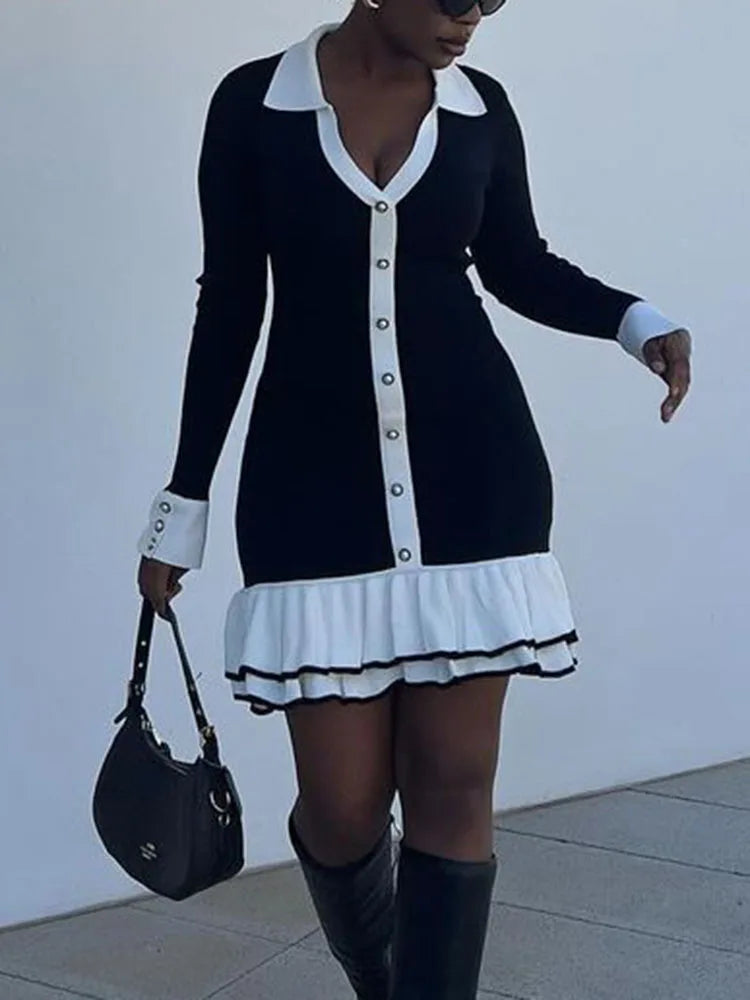 Ruffled Contrast Bow Open Back Lace - Up Knit Mini Dress - View 8