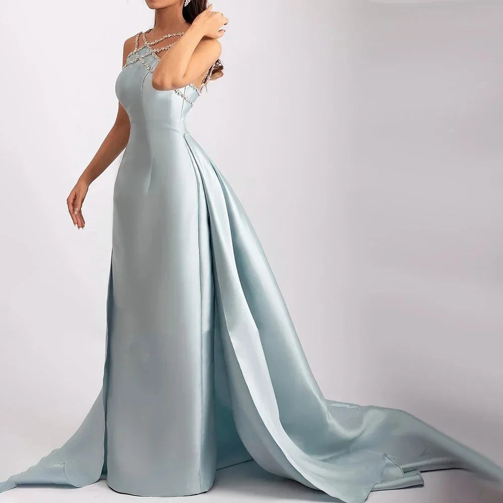 Satin Beaded Halter Overskirt Fitted Maxi Prom Gown